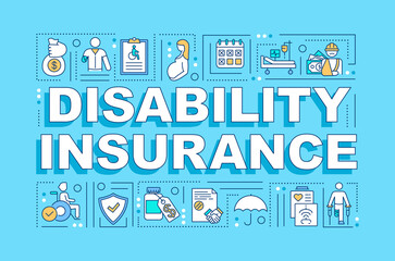 Fototapeta na wymiar Disability insurance word concepts banner. Finance protection. Infographics with linear icons on sky blue background. Isolated typography. Vector outline RGB color illustration