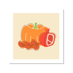 Autumn bounty social media post mockup with abstract elements. Reaping harvest. Advertising web banner design template. Layout with colourful graphic shapes. Square poster with flat illustrations