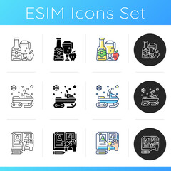 Festive activities icons set. Apple cider. Snowmobile ride. Scrapbooking project. Alcohol drink. Skidoo drive. Winter fun. Linear, black and RGB color styles. Isolated vector illustrations