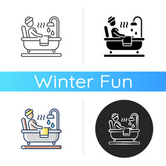 Hot tub icon. Steamy bathtub. Spa procedure. Pampering routine. Hygiene and cleaning. Skin care. Relax in bathroom. Linear black and RGB color styles. Isolated vector illustrations