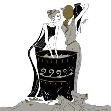 Danaides Or Danaids. Ancient Greek Mythology. Two Ages Of Women And Bottomless Vessel. Female Archetypes. Hand Drawn Art. Metaphor For Futile Efforts.