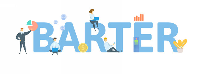 Barter. Concept with keyword, people and icons. Flat vector illustration. Isolated on white background.