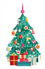 ПечатьChristmas tree with decorations and gift boxes. Covered in snow. Merry Christmas and Happy New Year. Vector illustration