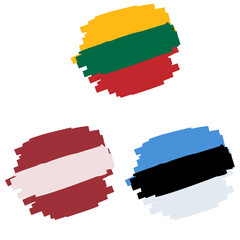 Obraz premium Set of flags of Baltic countries. Eastern european. Stylized icons. Brush texture. Estonia, Lithuania and Latvia in national colors. Flat cartoon