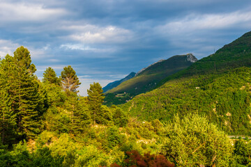 A picturesque landscape view of the French Alps mountains during sunset (Puget-Theniers, Alpes-Maritimes, France)