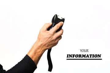 Electroshock Taser in hand isolated on white background. Stun gun, taser, electroshock protection against bandits, device for self-defense. Man with a lightning high voltage stun gun