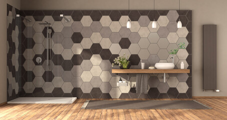 Bathroom with shower,washbasin and hexagonal tiles wall
