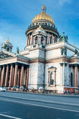 Saint Petersburg, Russia - October 31, 2020 - Magnificent St. Isaac's Cathedral with tourists and tourist buses
