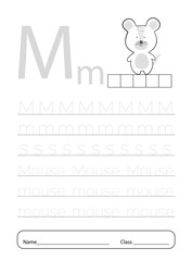 Writing practice letter M printable worksheet for preschool.Exercises for little children.Vector illustration.