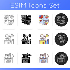 US icons set. Electoral college. Primary elections results. Ballot drop box. Official votes for president and vice president. Linear, black and RGB color styles. Isolated vector illustrations