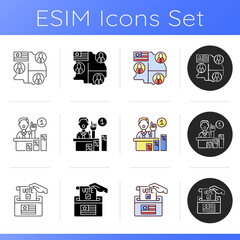 US icons set. Electoral college. Primary elections results. Ballot drop box. Official votes for president and vice president. Linear, black and RGB color styles. Isolated vector illustrations