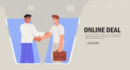 Online agreement or contract concept for banner, web site page. Businessmen shaking hands after successful negotiations. Business people on smartphone screens. Online business, distant meeting.