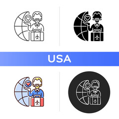Melting pot icon. Cultural integration. American ethnic diversity. Monocultural metaphor. Different cultural backgrounds. Linear black and RGB color styles. Isolated vector illustrations