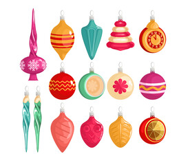 Collection of beautiful Christmas tree decorations isolated on white background vector illustration set. Balls, star, decor with icicles. Colored vector illustration in cartoon style.