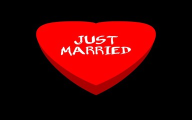 Phrase "Just married" with the 3d heart on a black background. Lettering illustration