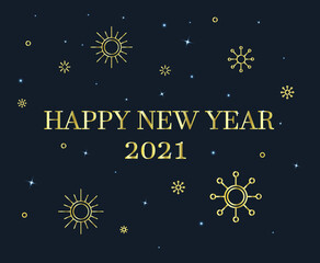  Happy new year 2021 greeting card .Vector illustration of golden christmas decorations on dark  background. Banner, flyer, poster,  template.