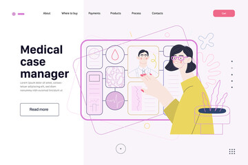 Medical insurance template -medical case manager -modern flat vector concept digital illustration of a manager reordering the medical procedures and diagnosiss, process metaphor, medical insurance