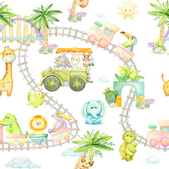Fototapety  Giraffe, alligator, lion, parrot, monkey, sloth, Zebra, turtle, elephant, Pelican, Toucan, train, SUV. Watercolor, seamless pattern, on an isolated background.