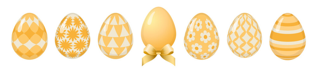 Golden Easter eggs with pattern isolated on white background. Traditional spring holiday of Easter. Vector illustration.