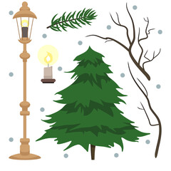 Vector set with pine, fir tree branch, dried twigs, candle and old fashioned street light