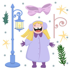 Vector set of winter clip arts with a little girl, street light, ribbon, fir branch, holly leaf, stars and dots