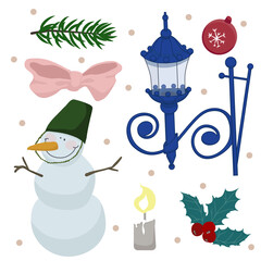 Vector set of winter holidays clip arts with a snowman, lantern, holly, ribbon, fir branch. candle and christmas ball