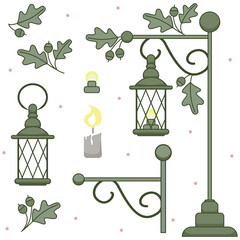 Vector set of vintage street lights, lanterns and architectural elements, acorns and candles
