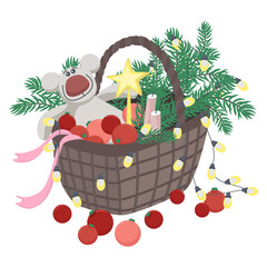 Cute vector christmas illustration witn teddy bear, candles, balls, ribbon, star, garlands and fir tree branches in a big basket