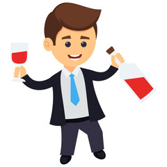 
A cartoon character holding a drink bottle and a glass showing celebration concept
