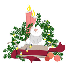 Cute christmas vector illustration with a white cat sitting in a gift box  with fir tree branches, garlands, candles and balls