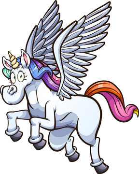 Flying cartoon Pegasus unicorn. Vector clip art illustration with simple gradients. Some elements on separate layers. 

