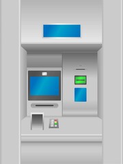 Realistic vector illustration of metallic gray ATM machine with blue screen and colorful buttons. European automated teller machine, cash machine,  cash dispenser. EPS 10.