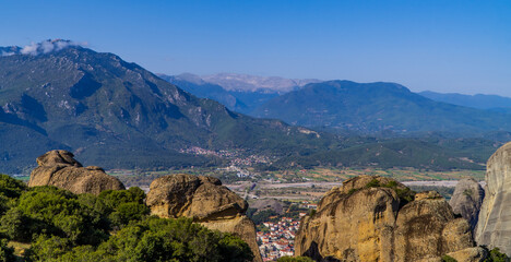 Panoramic view of mountainous landscapes and rock formations in Meteora, Thessaly, Greece