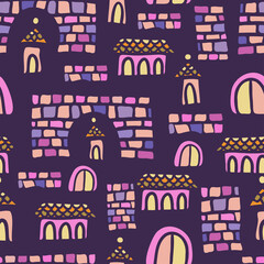 Obraz premium Seamless vector colorful illustration pattern design of silhouette of medieval cartoon castle