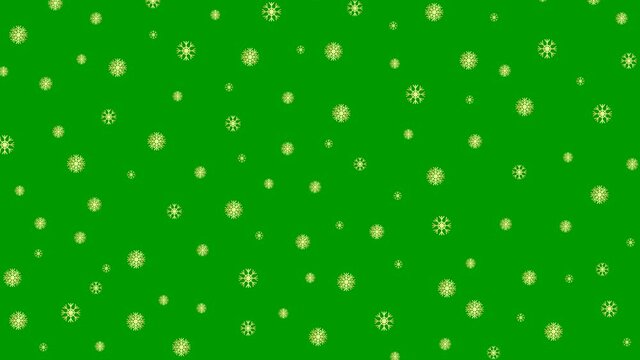 Christmas motion background. Snowfall with golden snow flakes isolated on green background. Looped video.