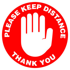 Please keep distance. Social distancing. Red and white colors. Attention Hand Gesture. Vector image. 