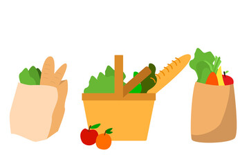 Shopping bags  flat vector illustrations set. Eco shopping bags and baskets with food. Vector supermarket illustration