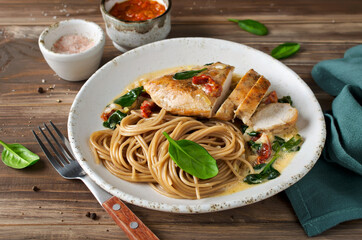Chicken fillet with spinach and sun-dried tomatoes in coconut milk
