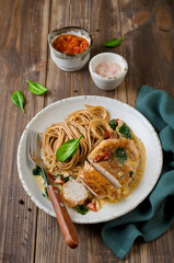 Chicken fillet with spinach and sun-dried tomatoes in coconut milk