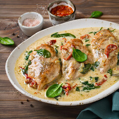 Chicken fillet with spinach and sun-dried tomatoes in coconut milk