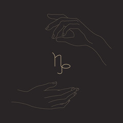 Female hands holding capricorn glyph. Gesture and capricorn zodiac sign. Magic hands silhouette. Outline isolated vector illustration. Design element for logotype, tattoo, print, icon.