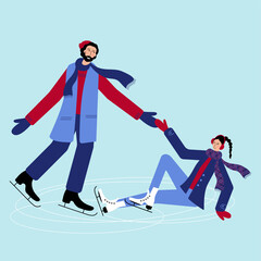 Couple is Skating together on Ice. A women fall down and a man helps her to be up.