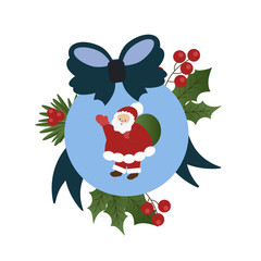 Christmas illustration ball with santaclaus, blue bow and berry. Celebration vector design.