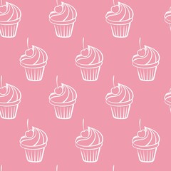 Vector seamless pattern with hand drawn cupcakes in line art style. Vector illustration
