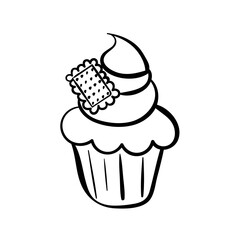 Hand drawn line icon of cupcake decorated with cookie. Outline vector illustration for logo design on white background