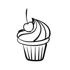 Hand drawn line icon of cupcake decorated with cherry. Outline vector illustration for logo design on white background