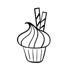 Hand drawn line icon of cupcake decorated with wafer. Outline vector illustration for logo design on white background