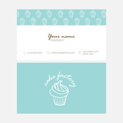 Business card template with pattern and cupcake logo outline icon for bakery or cake shop. Vector illustration