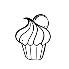 Hand drawn line icon of cupcake decorated with cookie. Outline vector illustration for logo design on white background
