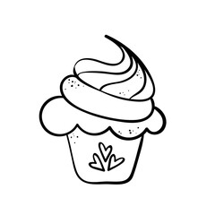 Hand drawn line icon of cupcake decorated with hearts. Outline vector illustration for logo design on white background